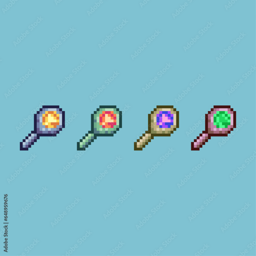 Poster pixel art sets of egg in the pan cooks with variation color items asset. simple bits of cooking eggs
