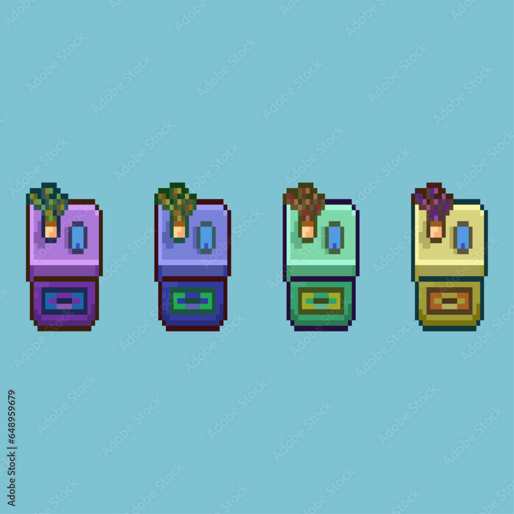 Poster pixel art sets of cabinet with variation color items asset. simple bits of cabinet on pixelated styl