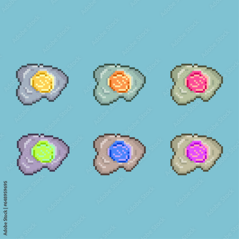 Poster pixel art sets of cooking eggs with variation color items asset. simple bits of fried eggs on pixela