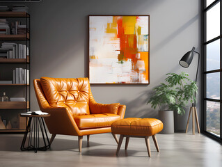 Orange leather chair sitting at window with abstract painting hung on a grey wall. 