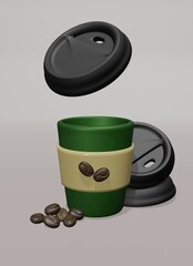 Coffee Cup 3D Rendering with Lid Cup in Clear Background for Cafe Menu, Drink, and etc.