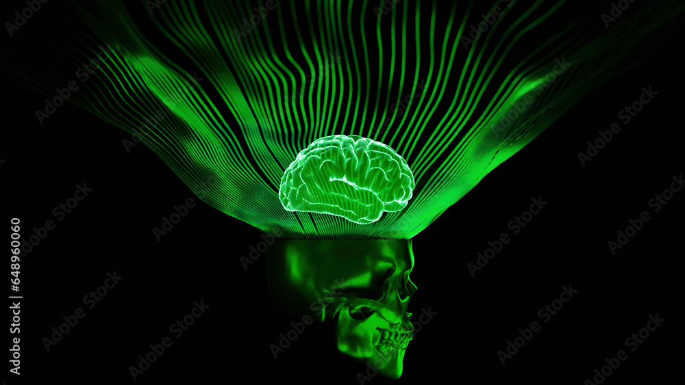 Aufkleber 3d animation of glowing brain. design. stylish glowing skull with brain on black background. 3d skul