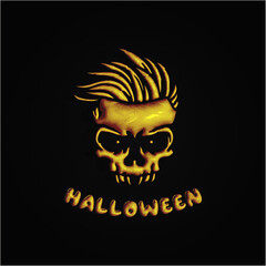 Skull 3d. Gold bones. Background with head. Halloween. All Hallows' Eve. 