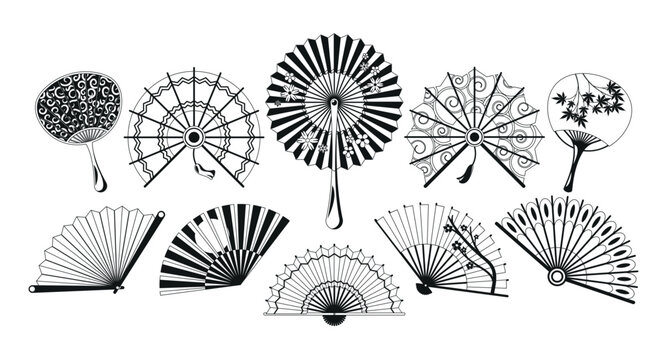 Black and White Asian Fans Isolated Icons. Elegant, Handcrafted Treasures Made Of Delicate Materials Vector Illustration