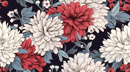 Fotobehang Vintage floral seamless pattern inspired by Japanese kimono designs, elegant cherry blossoms, chrysanthemums, and lotus flowers in traditional color schemes © bedaniel