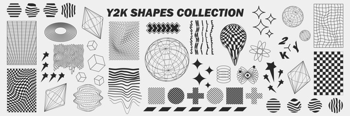 Abstract geometry wireframe shapes and patterns, cyberpunk elements, signs and perspective grids. Surreal geometric retro signs. Rave psychedelic futuristic Y2k acid aesthetic set. Vector illustration