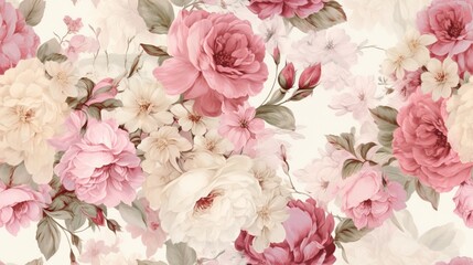 Vintage floral seamless pattern, romantic and shabby chic vibe, faded roses, peonies, and hydrangeas in soft and dusty pastels 