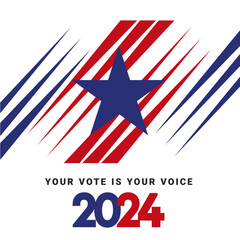 USA Presidential Election 2024. USA star with american abstract flag colors and symbols. Voting Day 2024 Election in USA, US political election campaign emblem logo