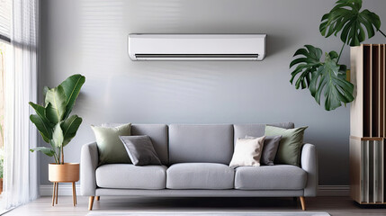 Air conditioner on white wall in living room with stylish grey sofa. Generative Ai
