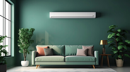 Modern air conditioner on dark green wall in living room. Generative Ai
