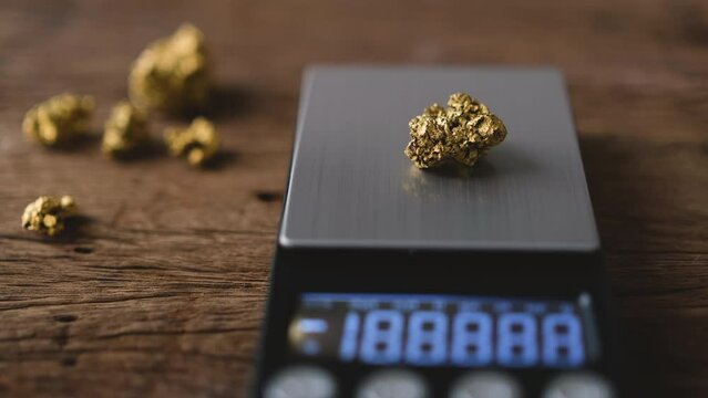 man's hand uses white tweezers to pick up a lump of pure gold ore from a mine and place it on a digital scale to see the gold's weight.