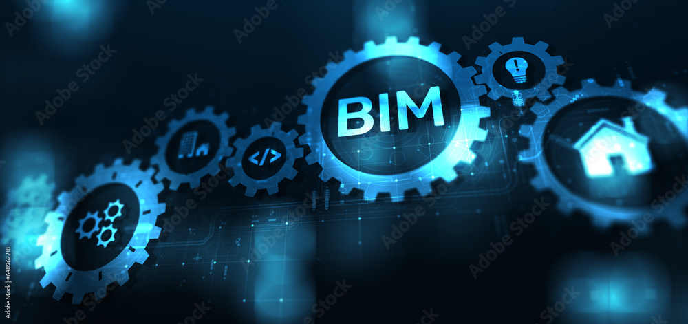 Poster bim building information modeling technology concept on virtual screen.