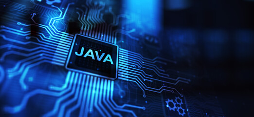 Java programming language application and web development concept on virtual screen.