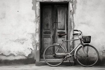 old bicycle in front of house