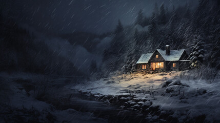 House in the mountains during a snowstorm