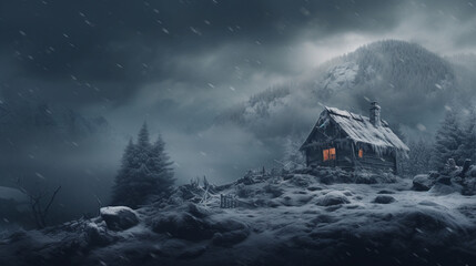 House in the mountains during a snowstorm - obrazy, fototapety, plakaty