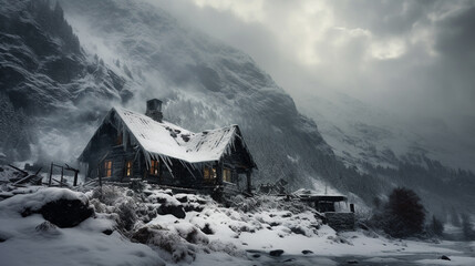 House in the mountains during a snowstorm