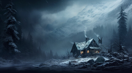 House in the mountains during a snowstorm