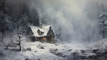 House in the mountains during a snowstorm