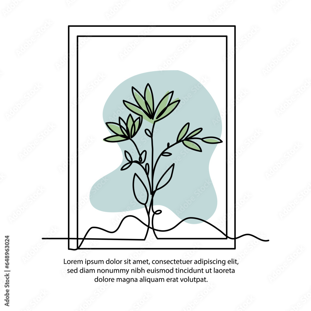Poster one line tree growth poster drawing with a beautiful frame. abstract minimal continuous line wall de