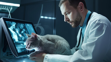 A male veterinarian performs an ultrasound on a cat in the clinic. Pet care and grooming concept.