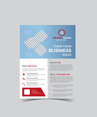 The flyer layout is blue with red highlights for printing.