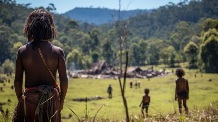 Indigenous community in their Amazon forest surroundings, contrasted with a cleared land in the background, Amazon ecosystem destruction 
