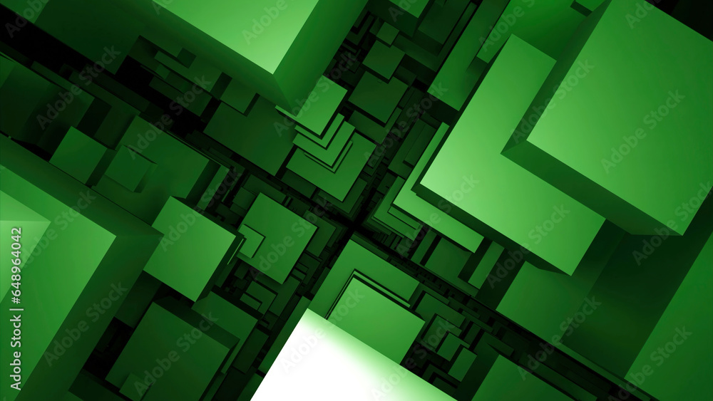 Poster flow of set of 3d squares. design. movement through space from stream of 3d squares. geometric anima