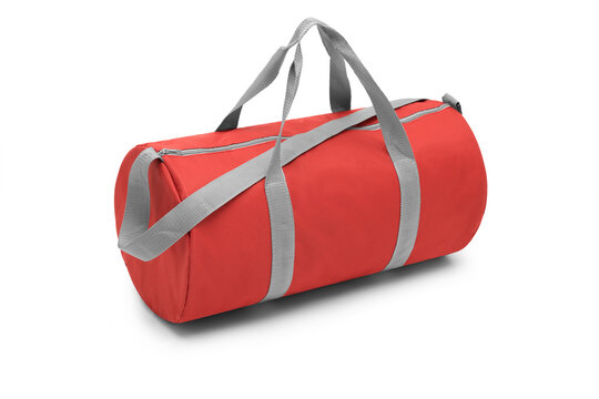 close up outdoor trendy fashion sports custom nylon crossbody shoulder strap bag medium size duffle gym travel bags for men women isolated on white background. top view. two tone in red handbag.