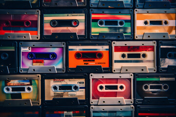 Set of old audio cassettes on red background - obrazy, fototapety, plakaty