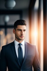 Beautiful realistic man in a business suit diffused lighting office background