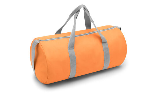 close up outdoor trendy fashion sports custom nylon crossbody shoulder strap bag medium size duffle gym travel bags for men women isolated on white background. top view. two tone in orange handbag.