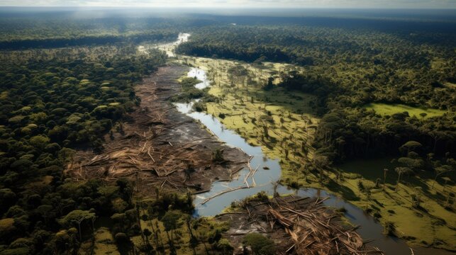 A depressing picture of the devastating effects of deforestation on the complex Amazon ecosystem, resulting in habitat loss and ecological imbalance.