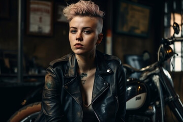 Fototapeta premium girl in leather jacket sitting in garage