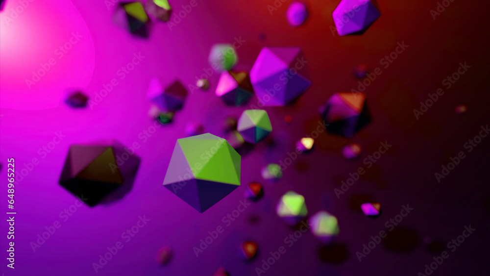 Poster rotating geometric polygons. design. spinning stream with geometric 3d polygons. molecular flow in f