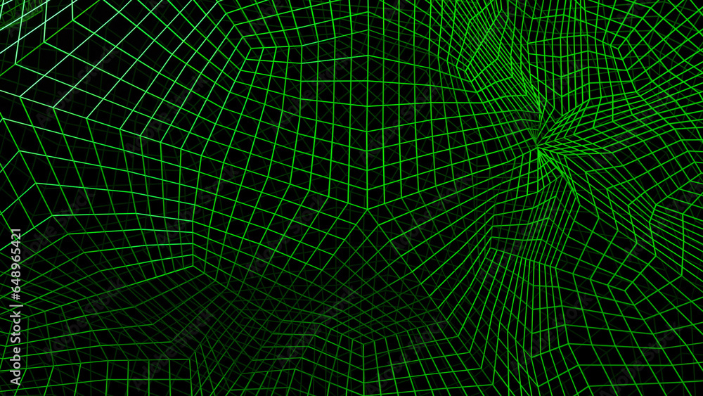 Poster abstract space with curving 3d grid. design. cyber mesh with moving geometric curves. 3d grid in cyb