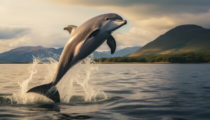 Photo of a majestic bottlenose dolphin leaping out of the crystal clear ocean water - obrazy, fototapety, plakaty