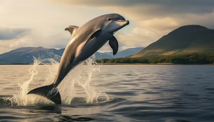 Tischdecke Photo of a majestic bottlenose dolphin leaping out of the crystal clear ocean water © Anna