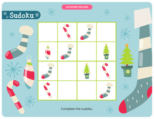 Christmas Puzzle game for children. Complete Christmas Sudoku. Vector illustration. Xmas decorations in Sudoku for kids activity book.