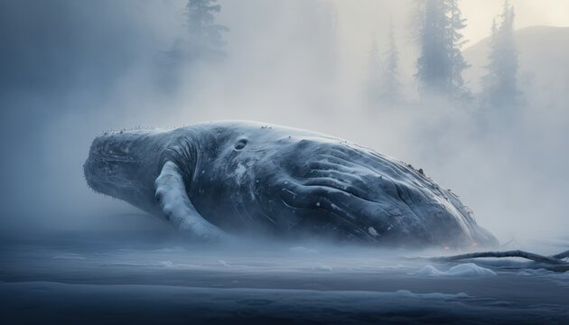 Photo of a majestic bowhead whale peacefully swimming in the ocean
