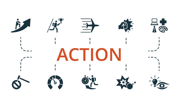 Action set. Creative icons: ascent, solid start, speed, power hit, scope, breaking limits, indicator, acceleration, exploding, acumen.
