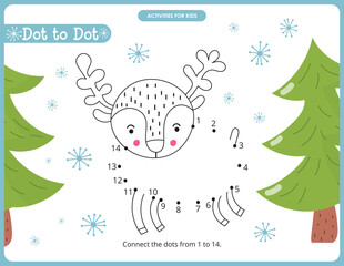 Christmas activities for kids. Dot to dot game – Christmas Reindeer. Numbers games for kids. Coloring page. Vector illustration.