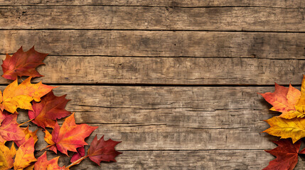 Naklejka na ściany i meble Autumn Thanksgiving background, maple leaves on a wooden rustic table, top view, winter supplies, website header with copyspace, fall season decorations, Generative A.I,