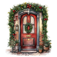 Fototapeta na wymiar watercolor Christmas door decorated, Christmas Theme, dark red and light green , Christmas elements ,cut out transparent isolated on white background ,PNG file ,artwork graphic design illustration.