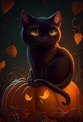 Black cat sits on pumpkins. AI Generated