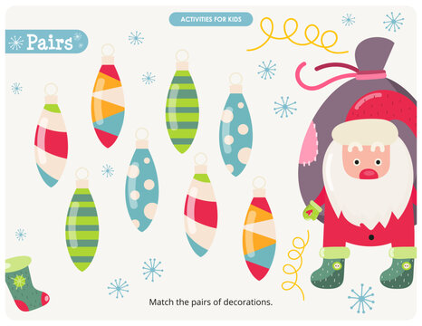 Christmas Gnomes activities for kids. Help Santa Find the correct pairs for Christmas Decorations. Vector illustration. Matching game.