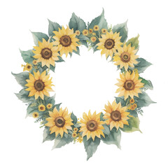 Watercolor illustration of sunflower wreath with leaves, isolated on a transparent background. Round frame of yellow flowers for design, wedding invitation, greeting card, fabric or background.
