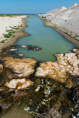Closed canal from the Black Sea to Tuzla Estuary, bloom of stagnant water in the canal
