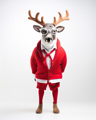 Ein cooles und lustiges Rentier, das als Weihnachtsmann verkleidet ist, trägt eine rote Jacke, braune Schuhe, ein weißes Hemd und eine Brille, isoliert vor einem weißen Hintergrund - obrazy, fototapety, plakaty