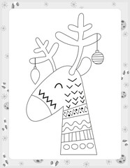 Christmas coloring page printable for children. Preschool games. Christmas Reindeer. Black and White Page for Xmas Coloring Book KDP. Vector illustration.